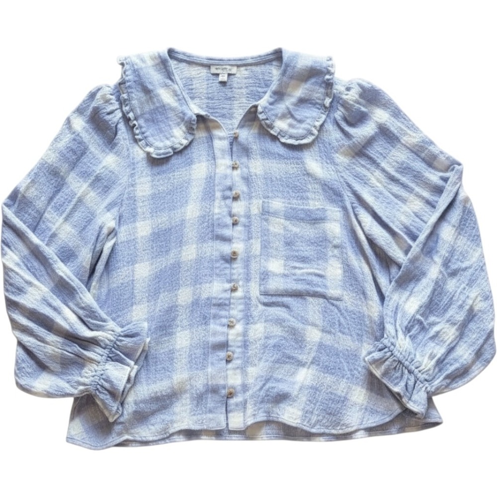 Pilcro Anthropologie Ruffle Peter Pan Collar Blouse Blue Plaid Gauze Womens MP